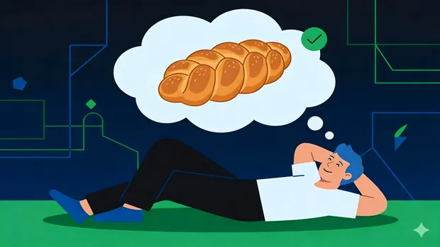 Illustration of a person laying on the ground with hands behind the head, dreaming of a bread loaf