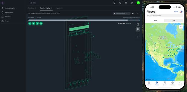 3D session replay paused on the Places view in the Wikipedia app.