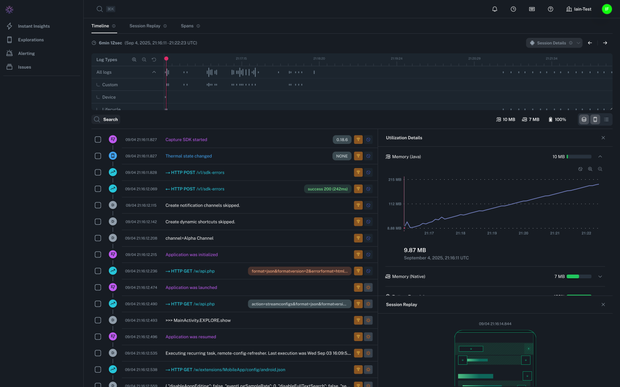 Session Timeline showing steady increase in memory utilization throughout the session.