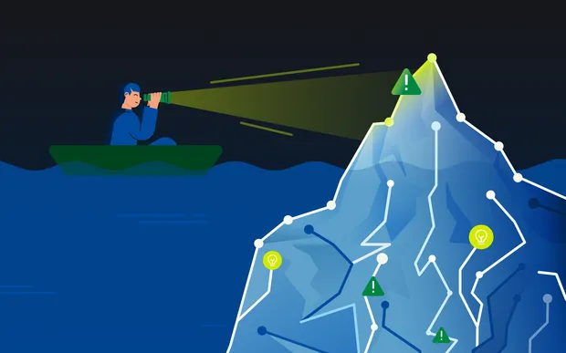 illustration of a person looking at only the tip of an iceberg through a telescope from a boat