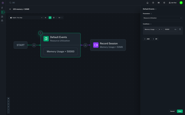 Workflow that captures sessions when memory utilization exceeds 50MB.
