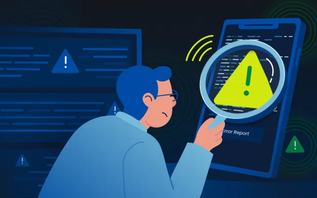 Guy with blue hair using a microscope to inspect a giant error warning on a mobile device