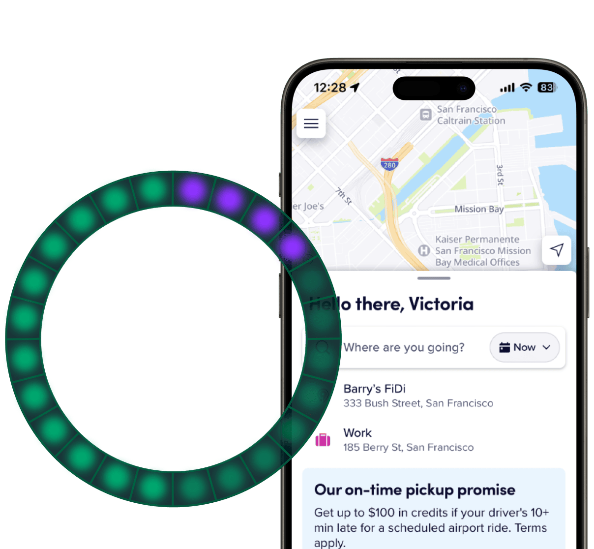 a visual representation of a ring buffer superimposed over a mobile device displaying the lyft mobile app