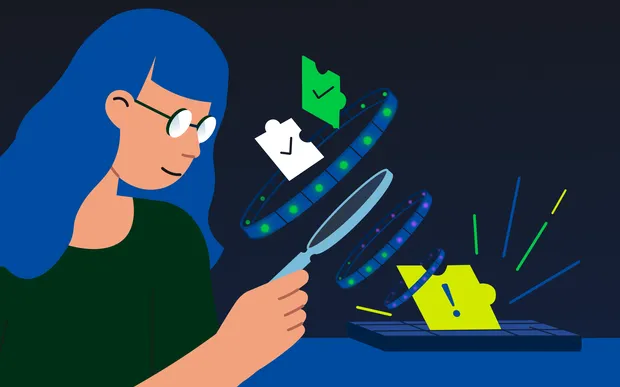 Illustration of a woman with blue hair using a magnifying glass to examine floating puzzle-shaped data symbols above a keyboard.